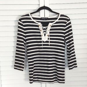 Jones NY‎ Top, Nautical Sailor Stripes, Black & White, 3/4 Sleeves, Tie Close